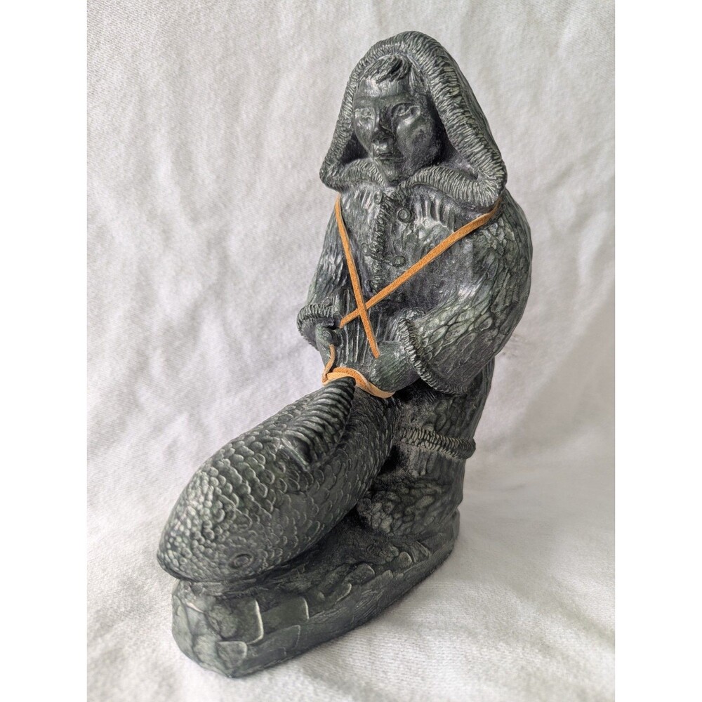 VTG Inuit Soapstone Carving Fisherman Holding Fish Sculpture Canadian Folk Art